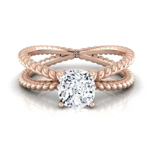 14K Rose Gold Cushion Criss Cross Twisted Rope Solitaire Engagement Ring