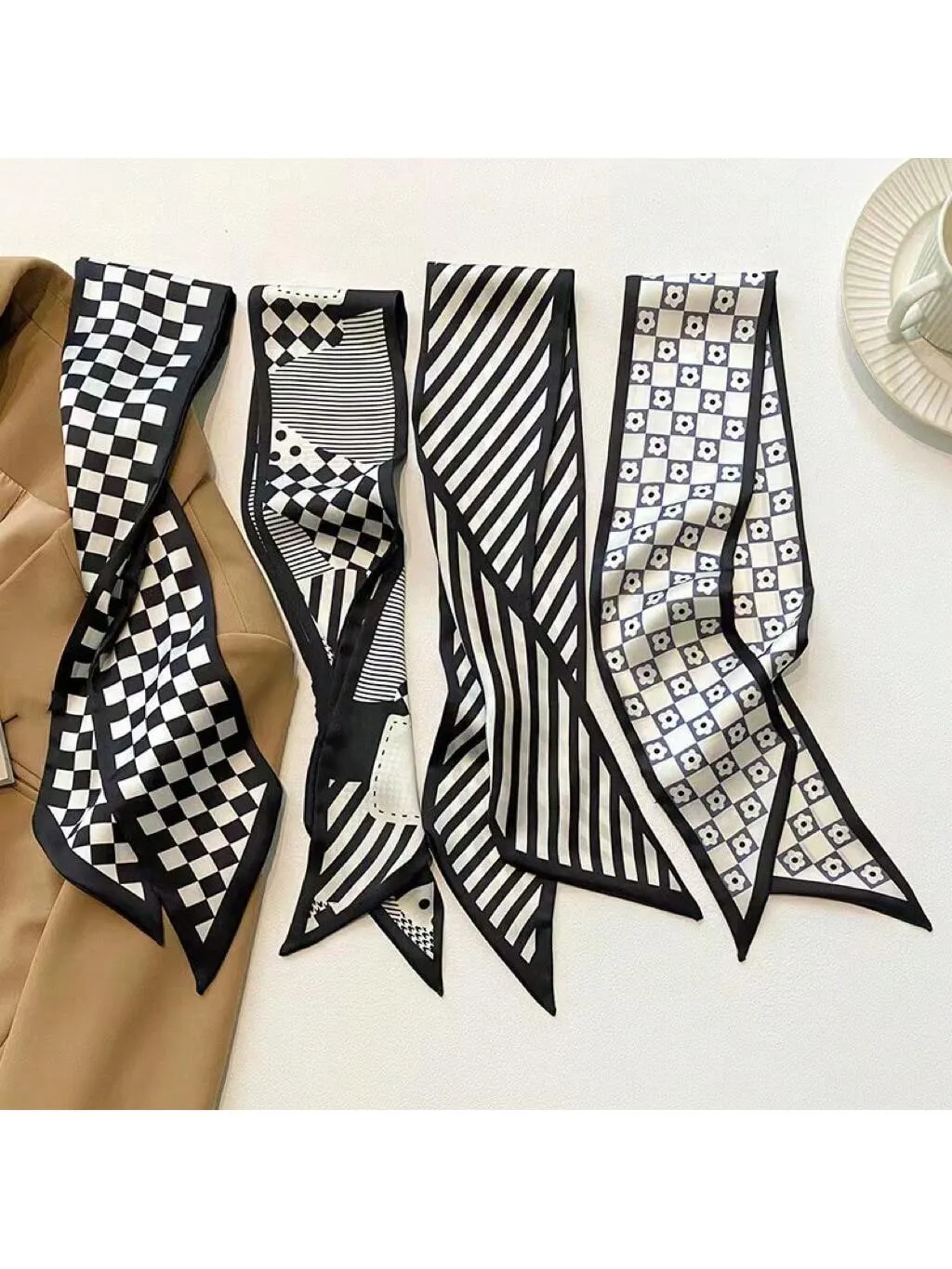 4pcs Classic Black Multi-Purpose Long Skinny Scarf For Tying Bags, Hair Decoration, Neck Scarf, Etc.