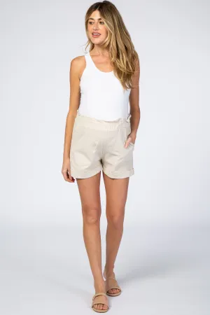 Beige Cuffed Linen Maternity Shorts