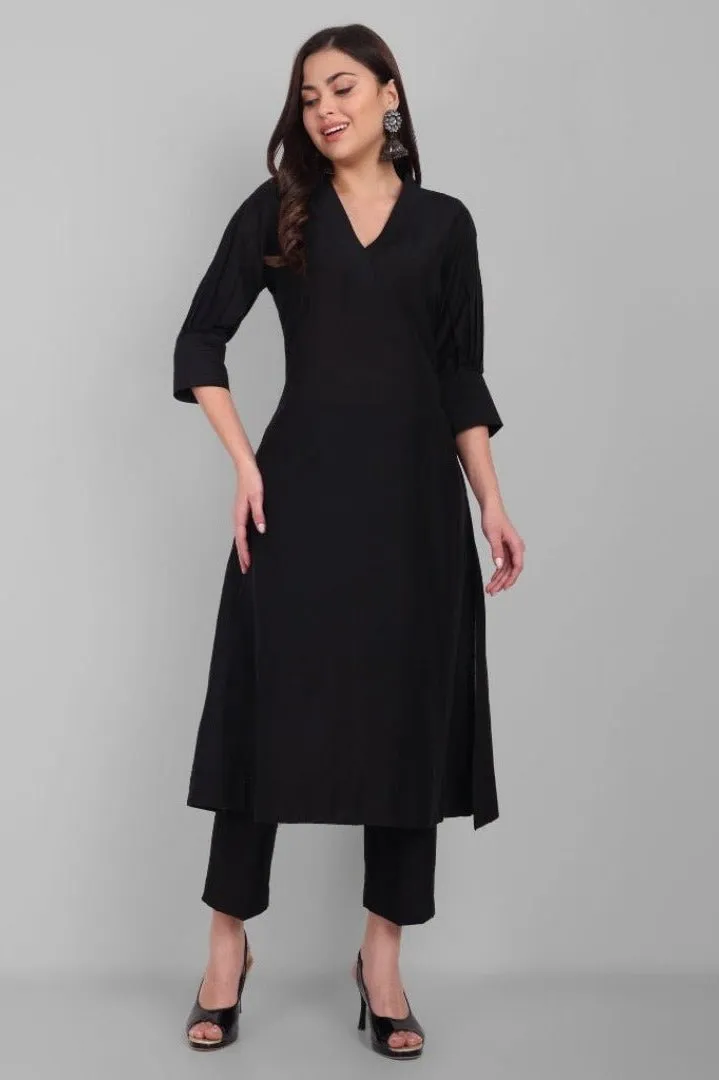 Black A-line Textured Cotton Silk Set