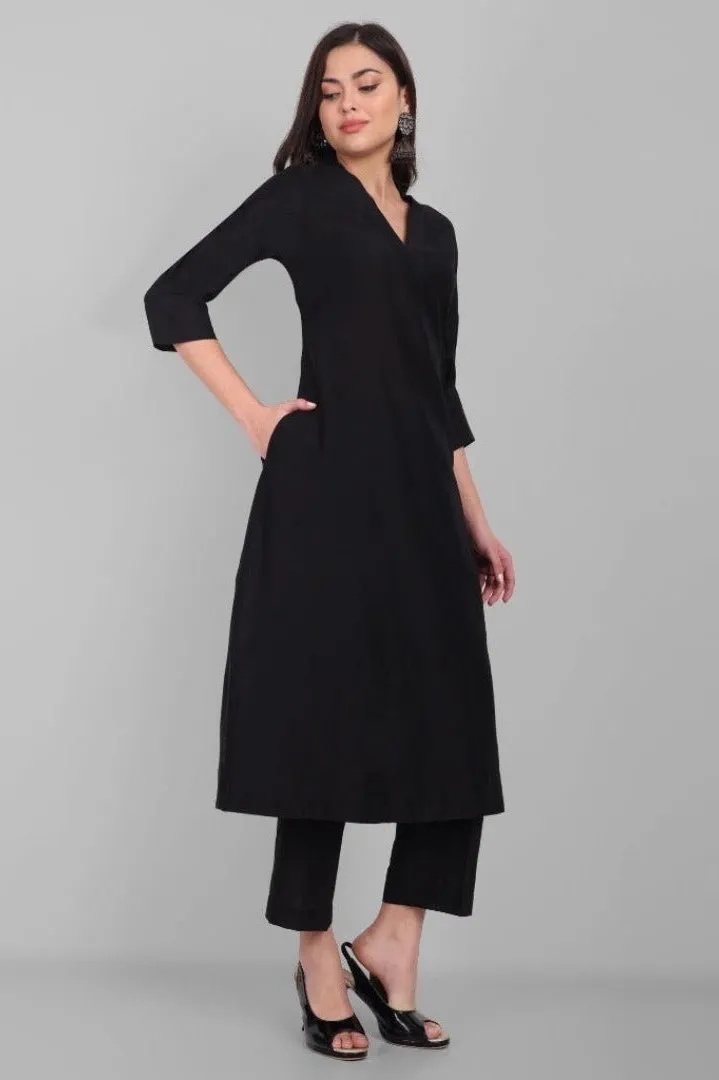 Black A-line Textured Cotton Silk Set