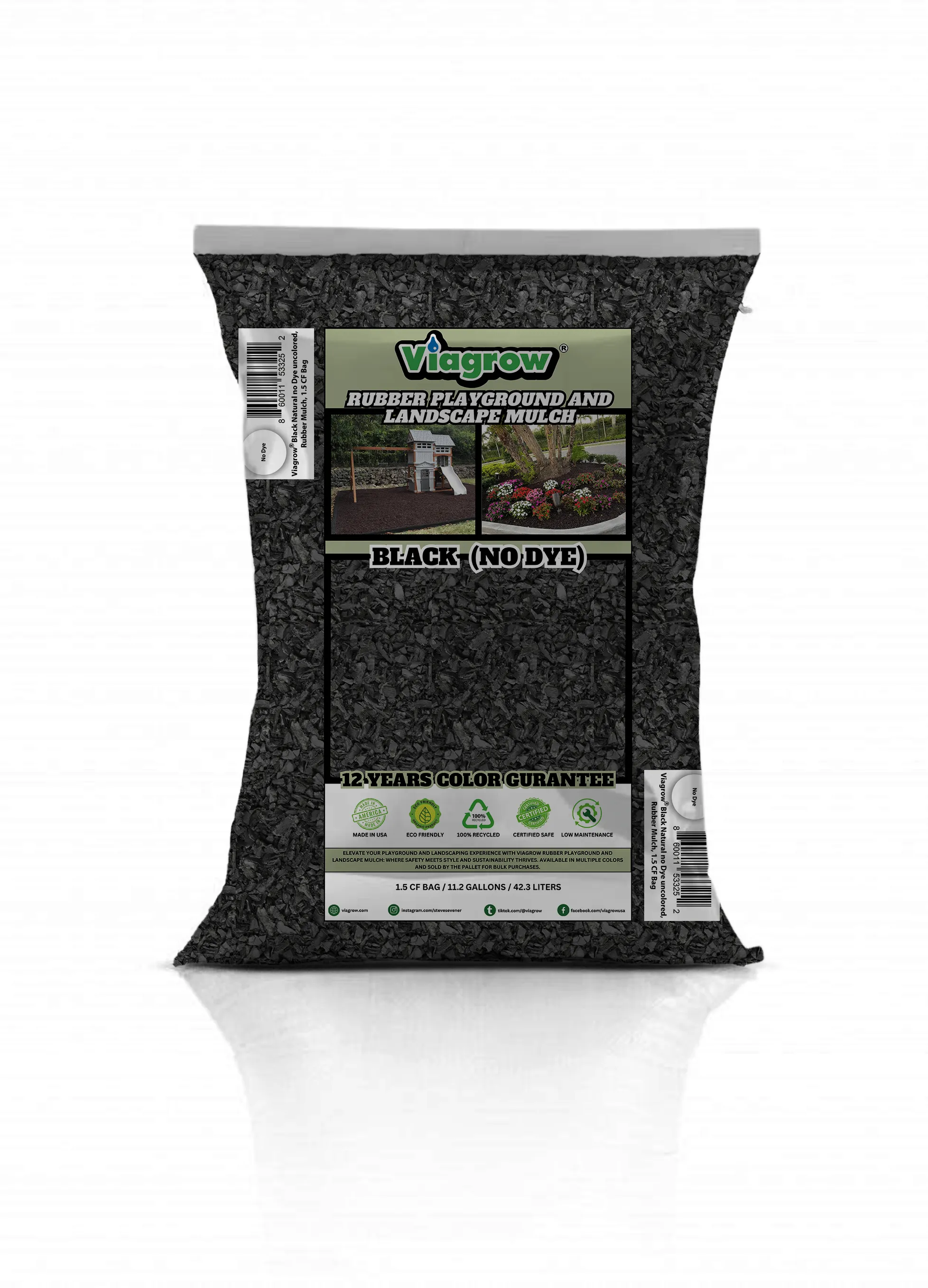 Black, No Dye, Rubber Playground & Landscape Mulch by Viagrow, 1.5 CF Bag ( 11.2 Gallons / 42.3 Liters) (EA)