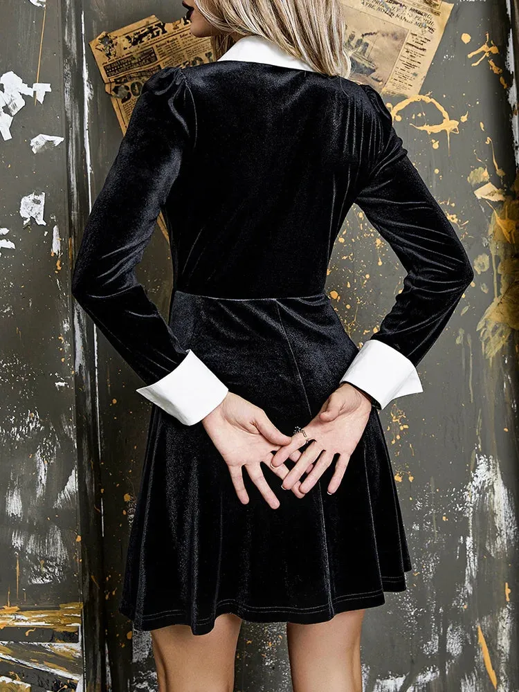 Contrast Skater Flare Aesthetic Goth Sleeve A-Line Long Collar Vintage Retro Velvet Outfit