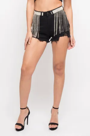 Distressed Crystal Belt Chain Shorts