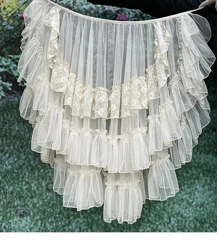 Getadme Double Layered Lolita Waist Curtain Sheer Cover Up Skirt