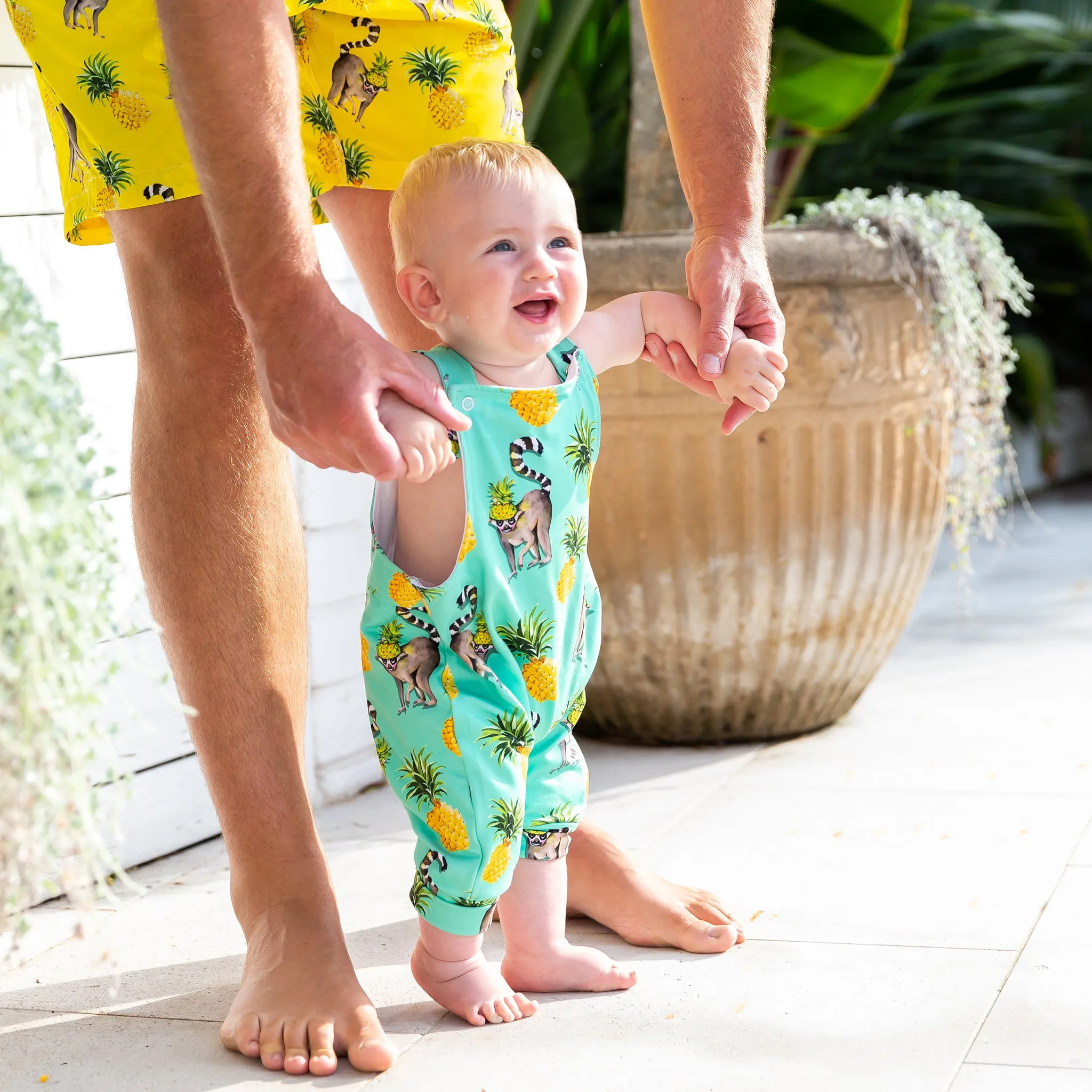 Green Pineapple Lemurs Short Leg Overalls