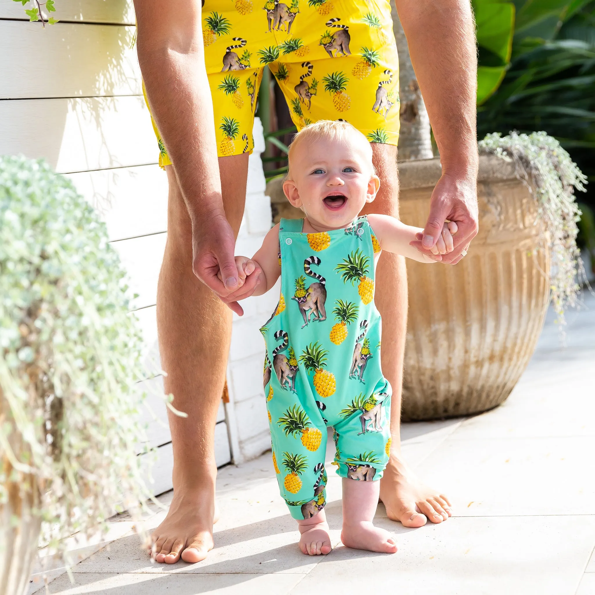 Green Pineapple Lemurs Short Leg Overalls