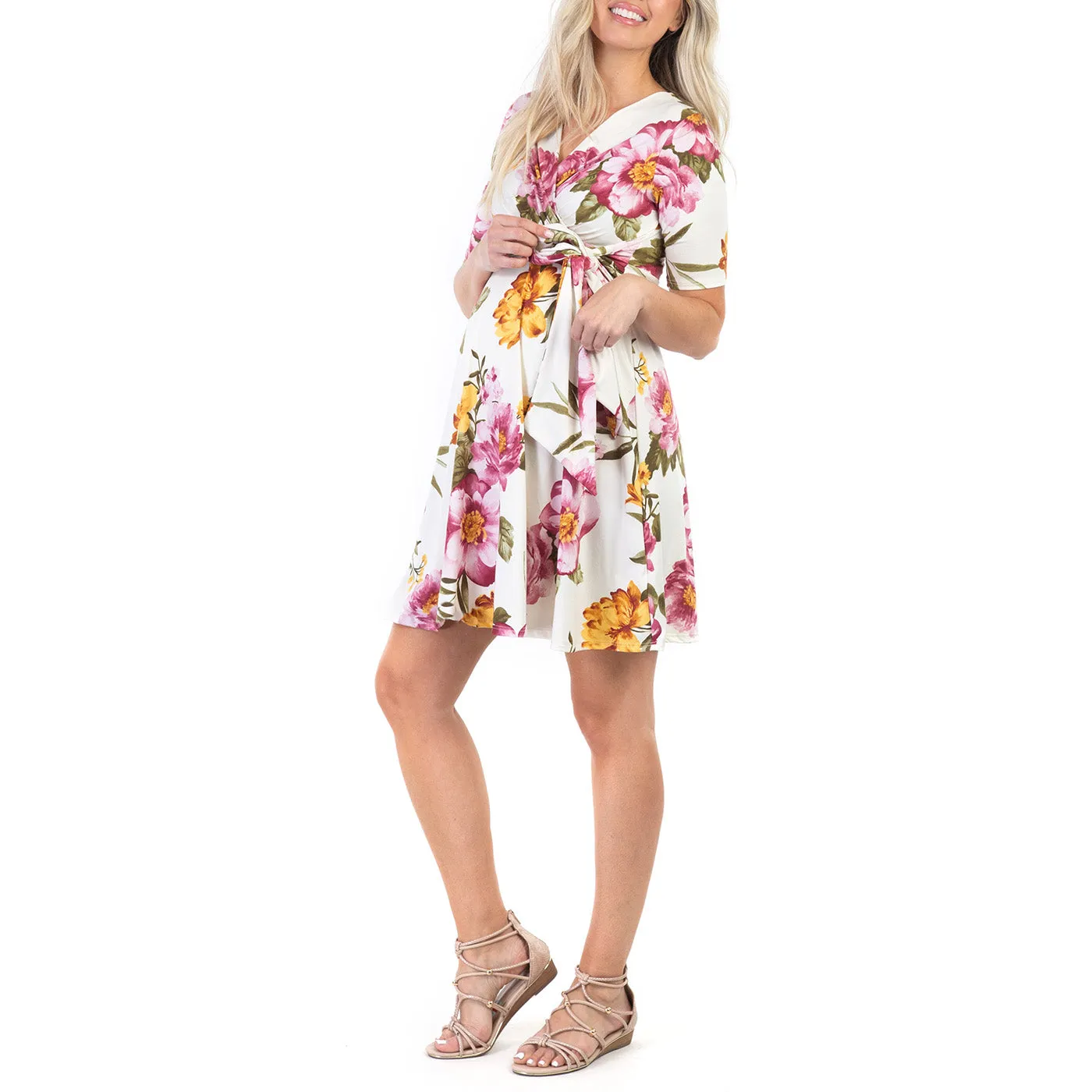 Maternity and Nursing Knee Length Dress with Tie Belt