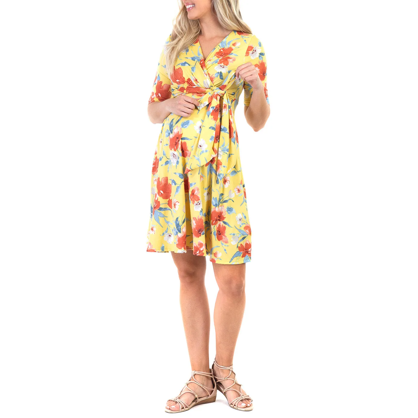 Maternity and Nursing Knee Length Floral Dress with Tie Belt