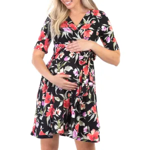 Maternity and Nursing Knee Length Floral Dress with Tie Belt