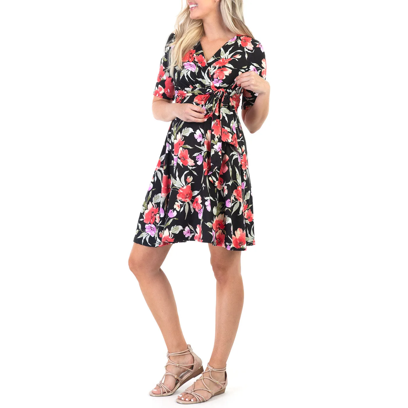 Maternity and Nursing Knee Length Floral Dress with Tie Belt