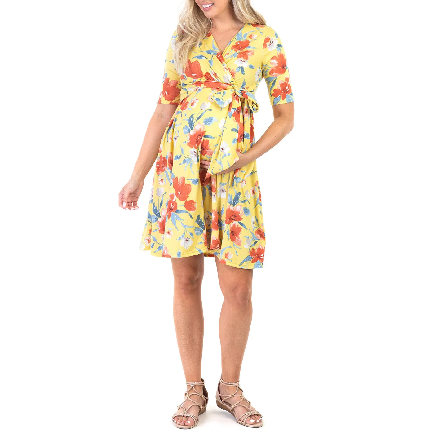 Maternity and Nursing Knee Length Floral Dress with Tie Belt