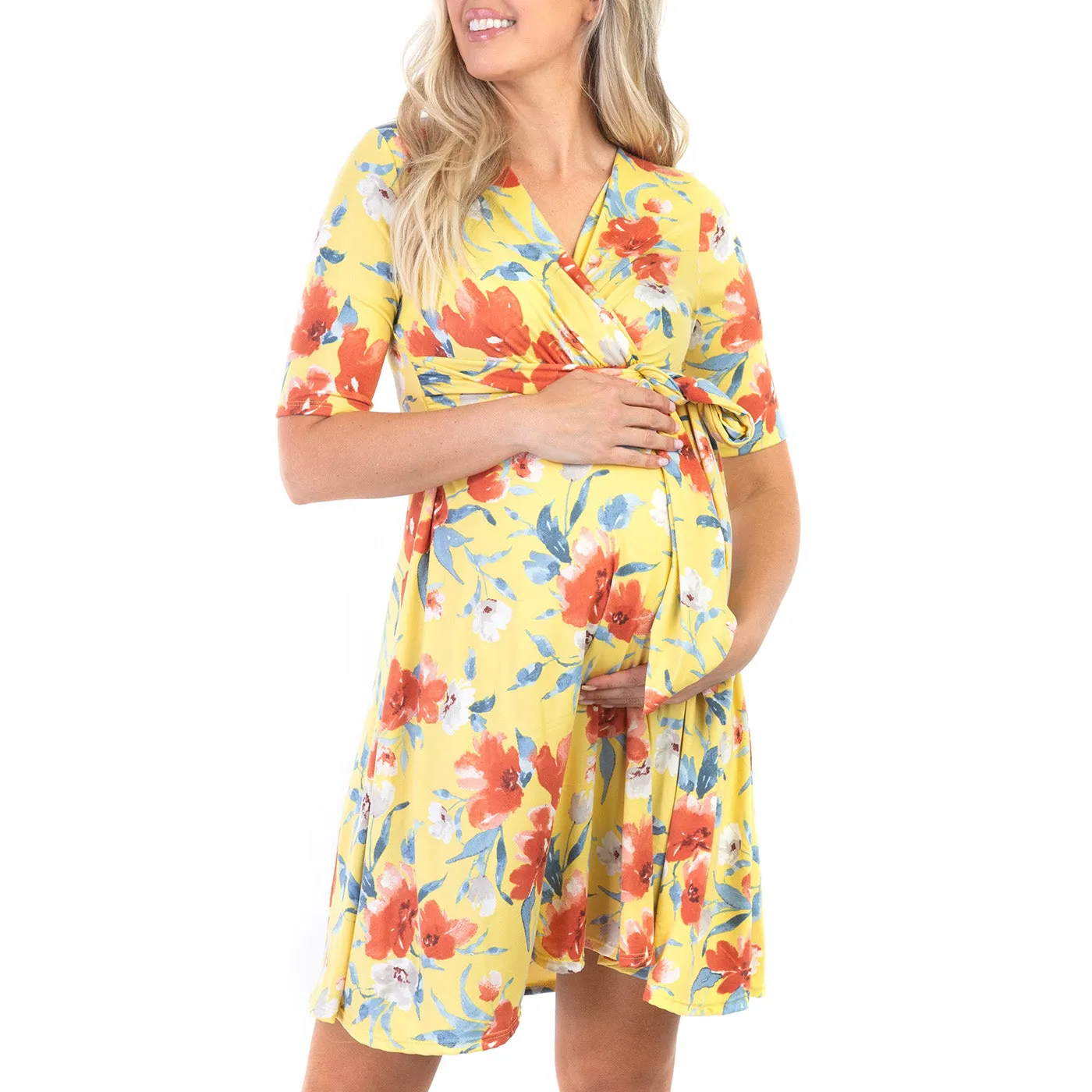 Maternity and Nursing Knee Length Floral Dress with Tie Belt