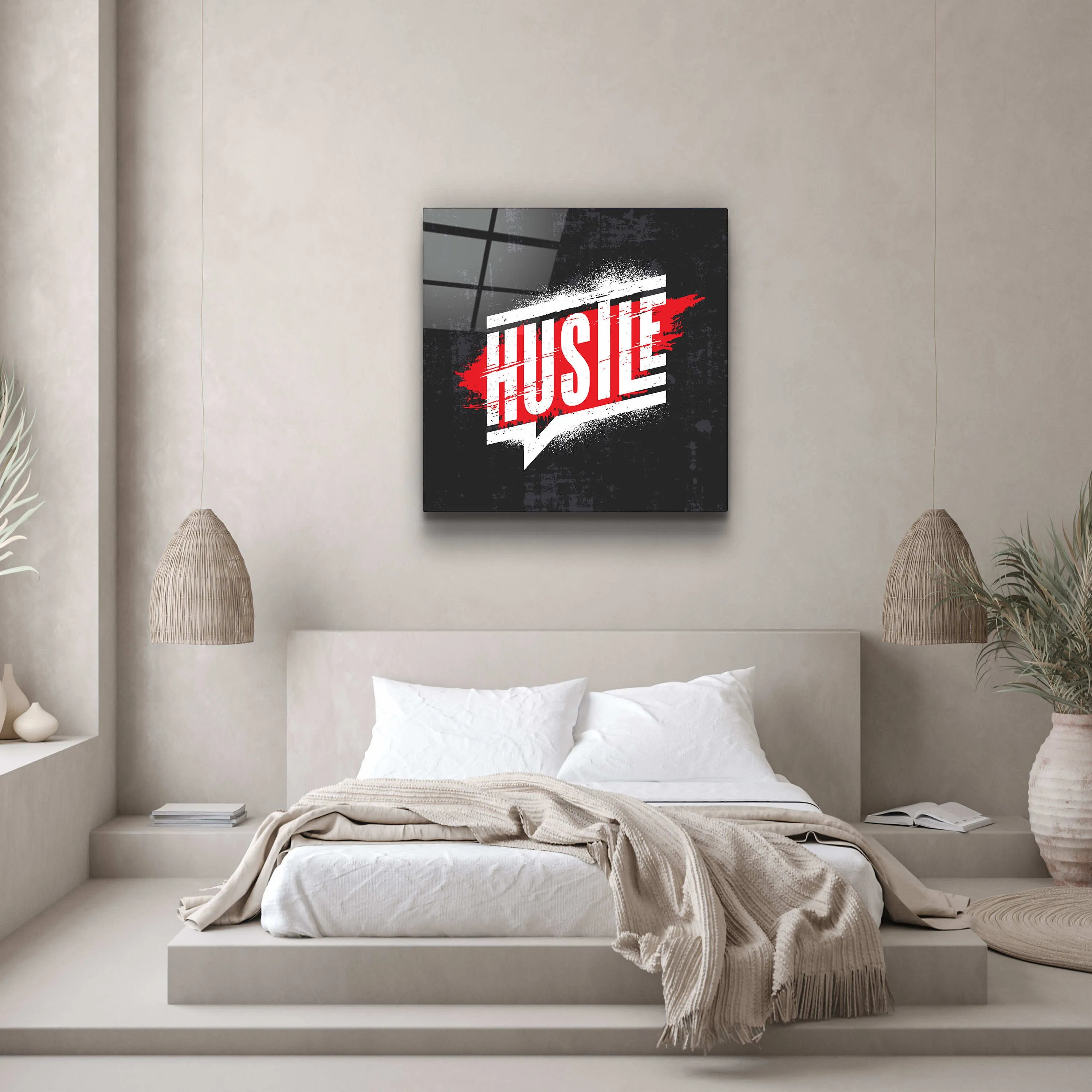 ."Hustle". Motivational Glass Wall Art