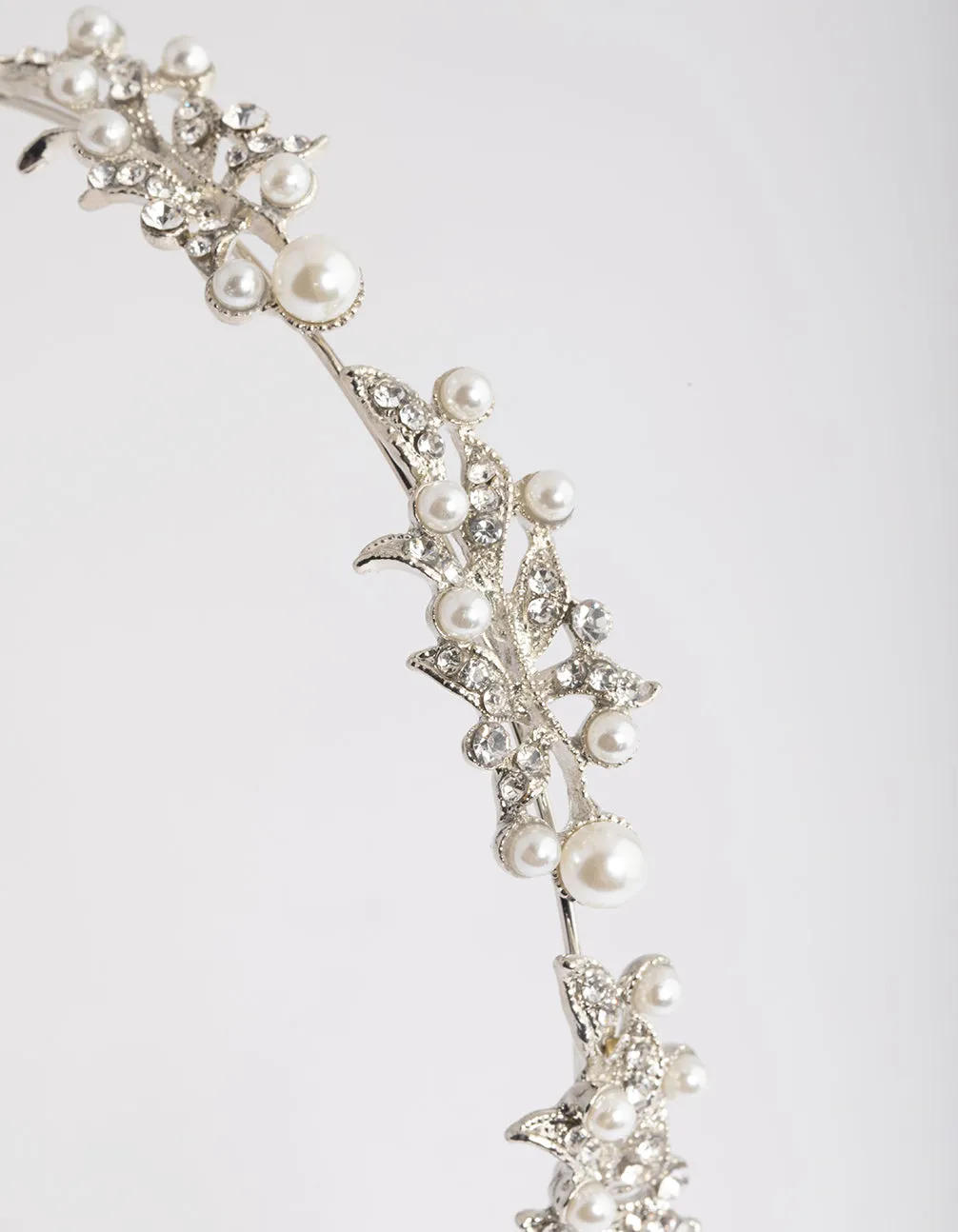 Rhodium Diamante Leaf & Pearl Headband