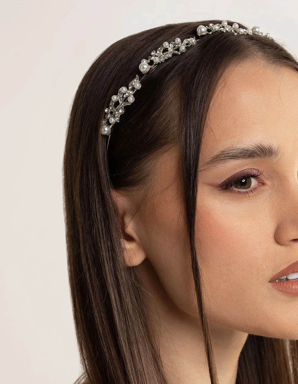 Rhodium Diamante Leaf & Pearl Headband