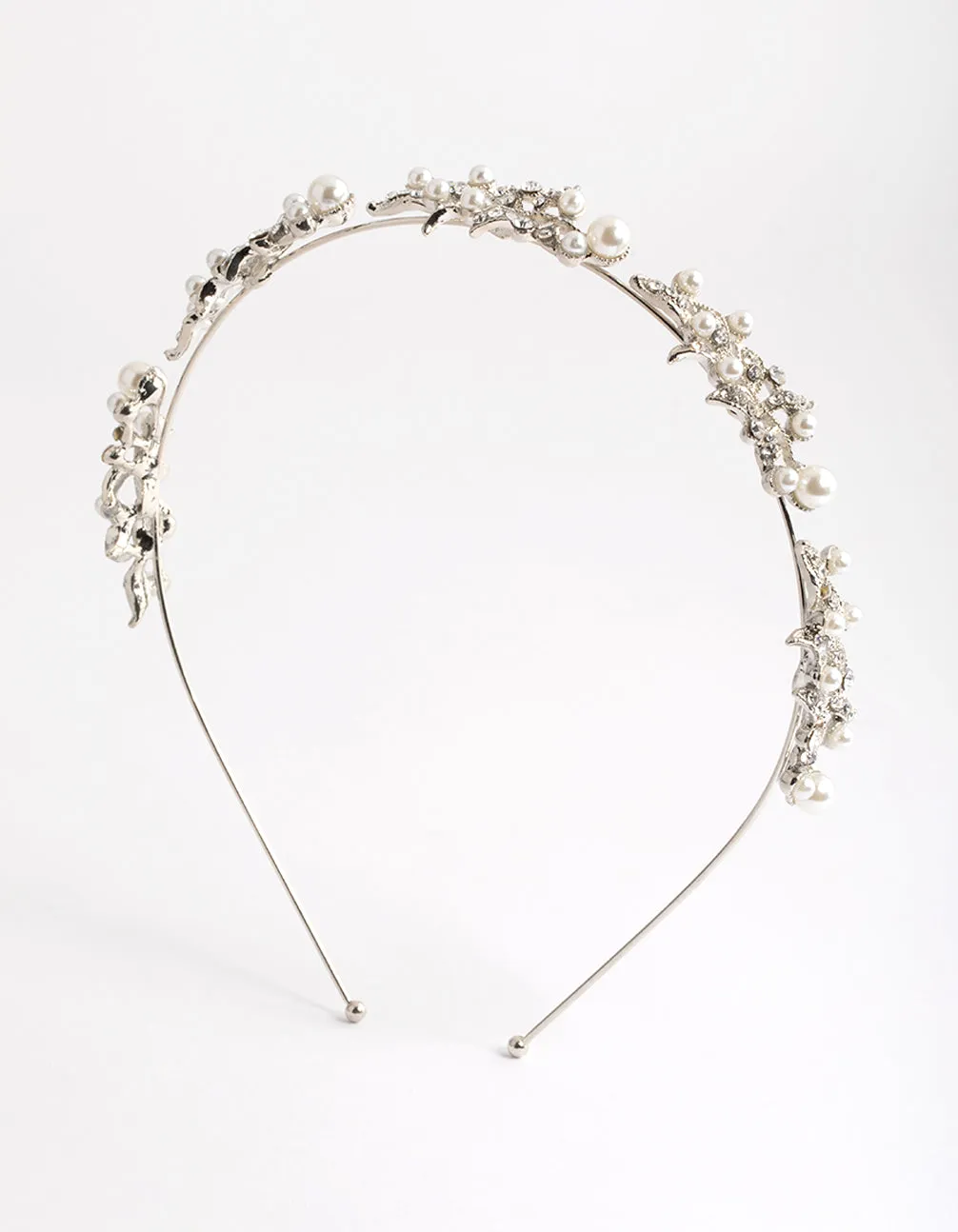 Rhodium Diamante Leaf & Pearl Headband