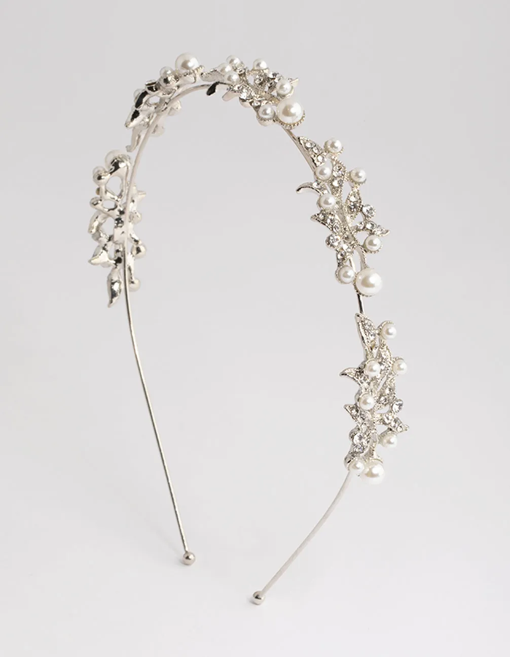 Rhodium Diamante Leaf & Pearl Headband