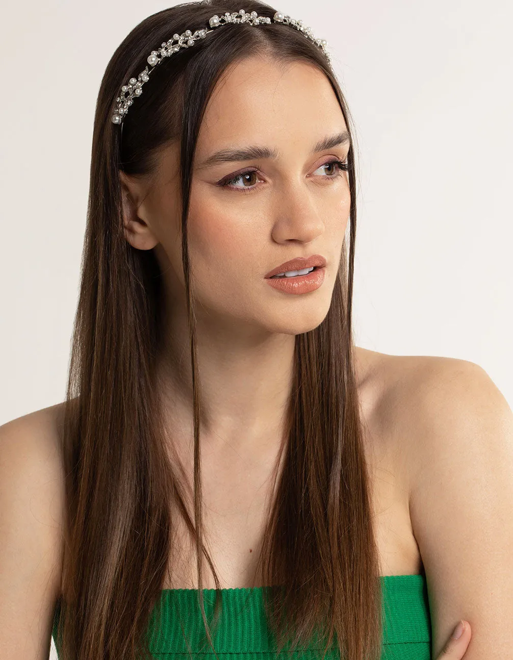 Rhodium Diamante Leaf & Pearl Headband